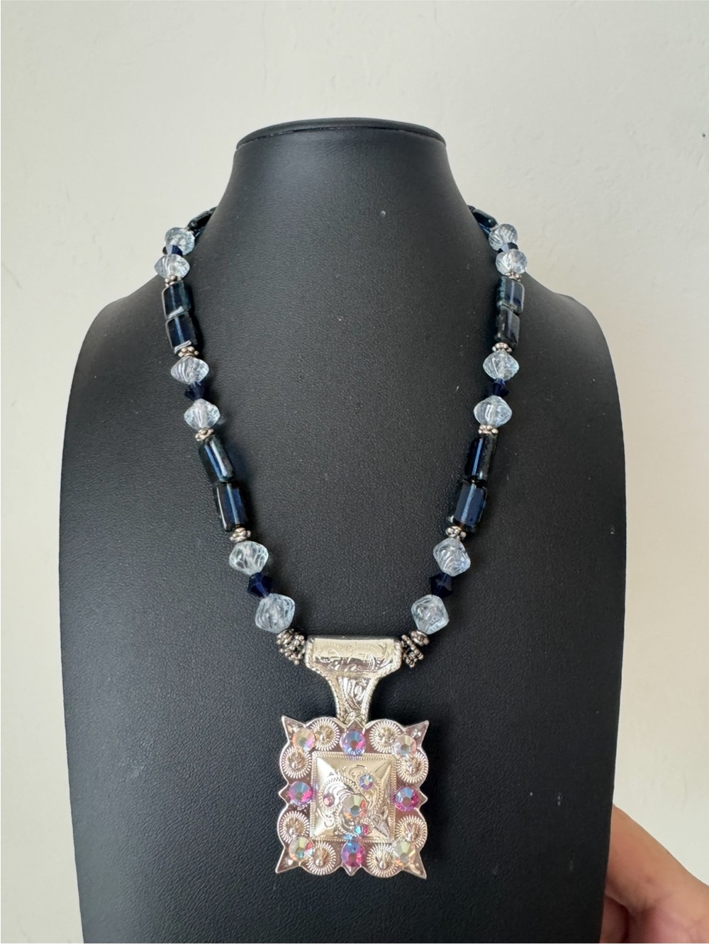 Vintage Tribal Style Statement‎ Necklace AB and Silver Pendant Faceted Beads